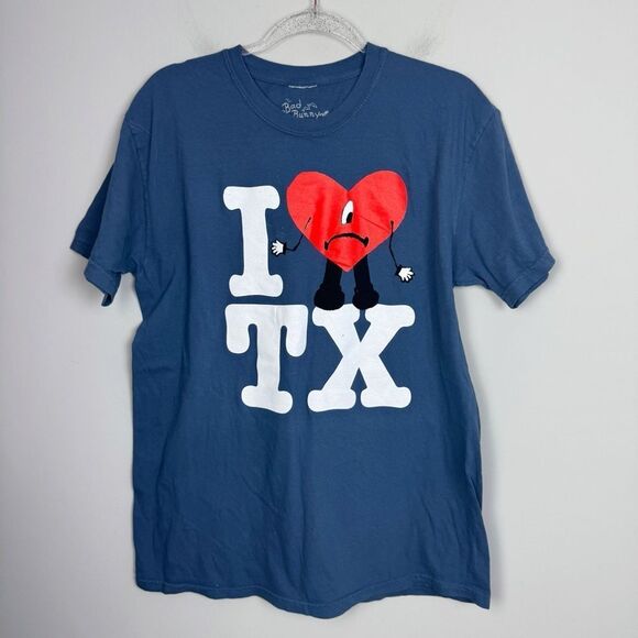 BAD BUNNY | Texas I Heart TX Blue Graphic Tee Tour Concert Unisex Size Large - Picture 1 of 7